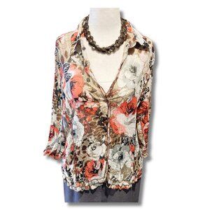 CANDA Floral print crinkle fabric button down shirt ~ MEDIUM LARGE sheer blouse